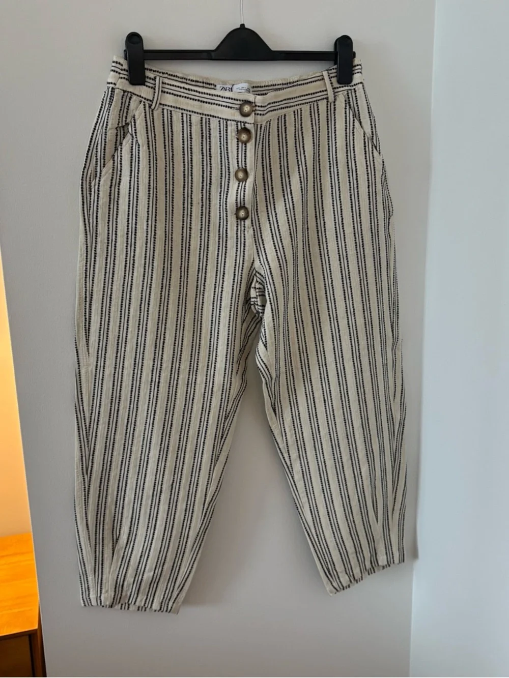 Zara Embroidered Striped Rustic Cotton & Linen Tapered Cropped Pants Size L NWT